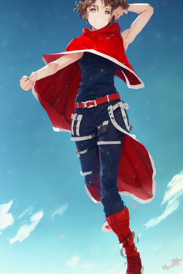 Brown-Haired Anime Character in Red Cape Floating in Blue Sky