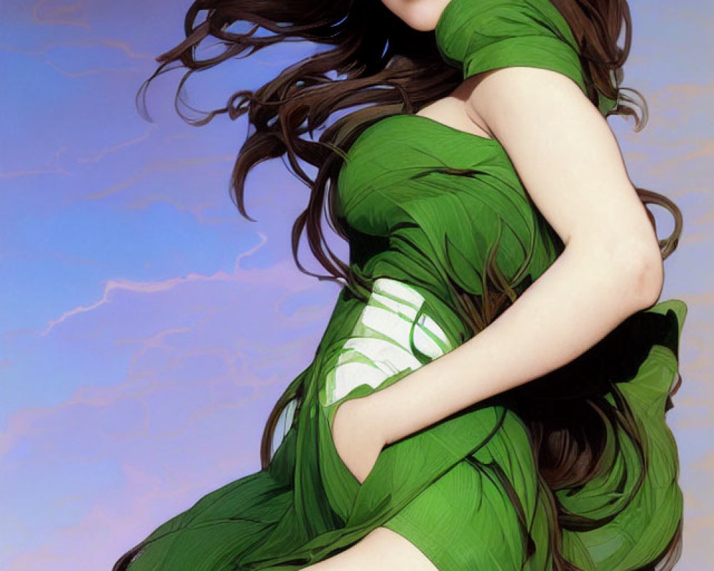 Digital Artwork: Woman with Dark Hair in Green Clothing against Pastel Sky