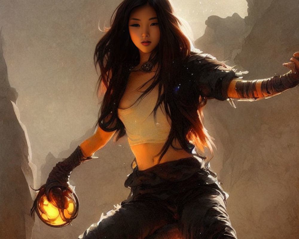 Female warrior with black hair holds glowing orb in fantasy setting