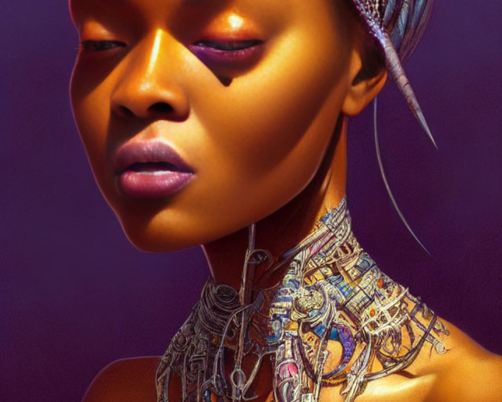 Portrait of Woman with Striking Purple Eyeshadow and Silver Neckpiece