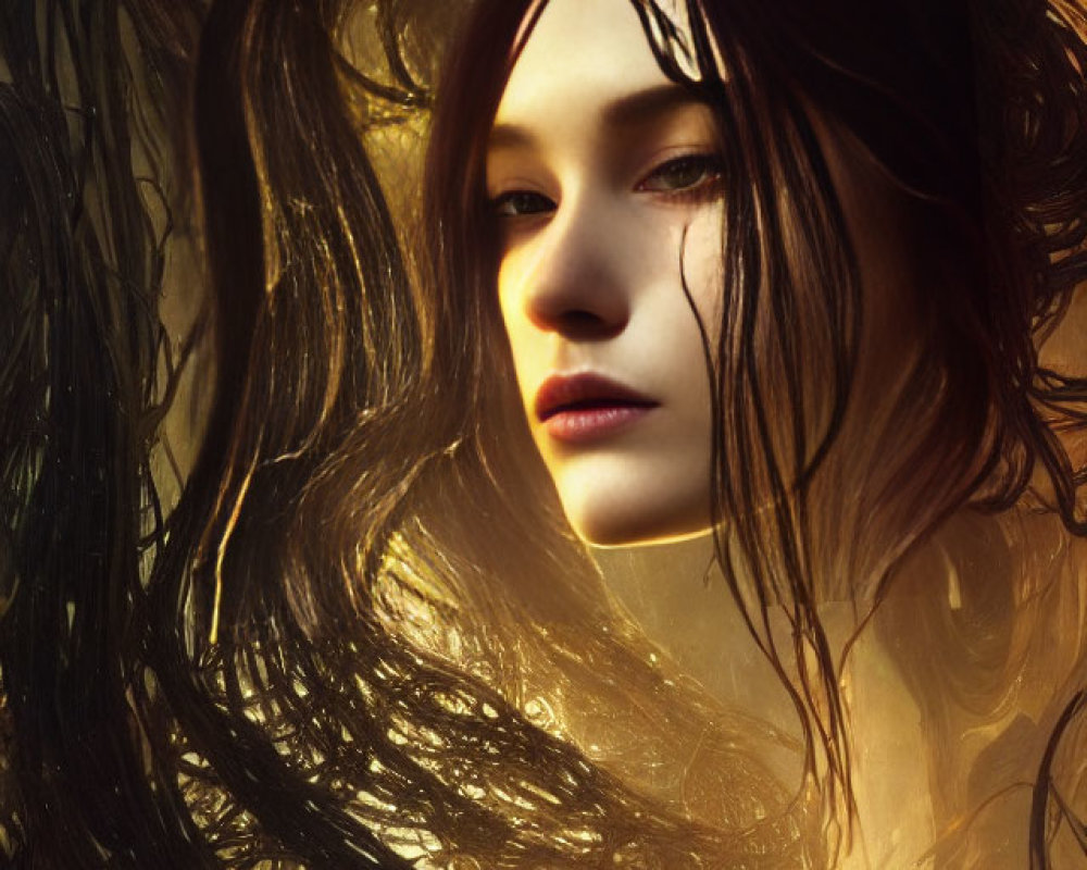 Woman with flowing hair in golden, ethereal setting with intricate branch patterns