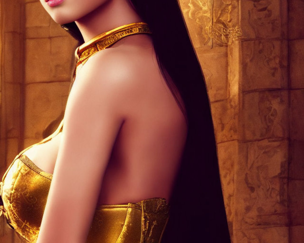 Dark-haired woman in golden corset poses against ornate wall