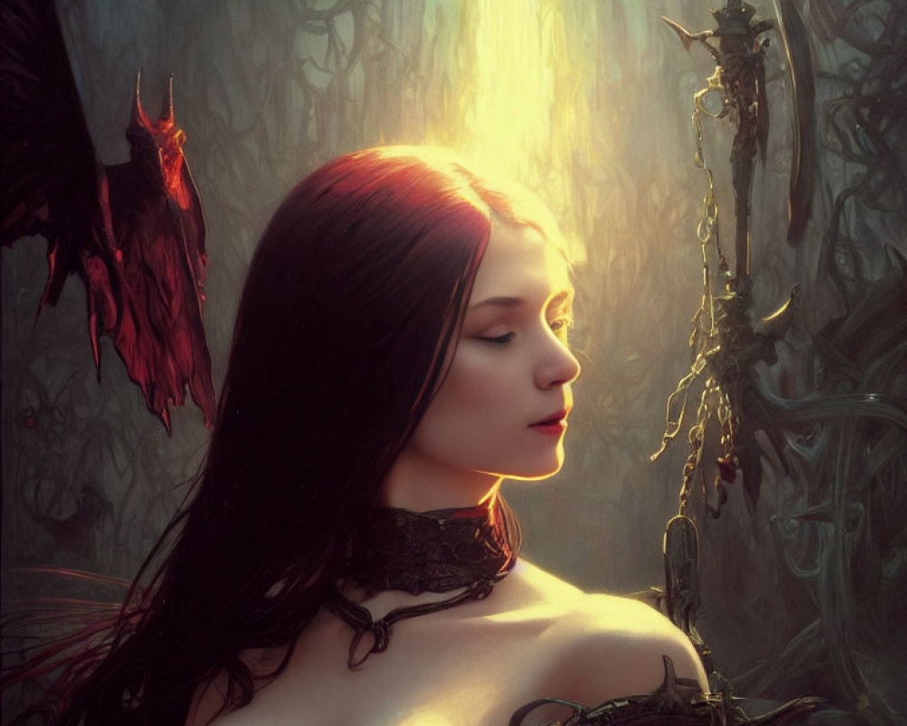 Red-haired woman standing among dark roots with a raven nearby