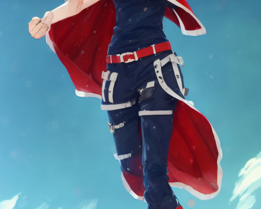 Brown-Haired Anime Character in Red Cape Floating in Blue Sky