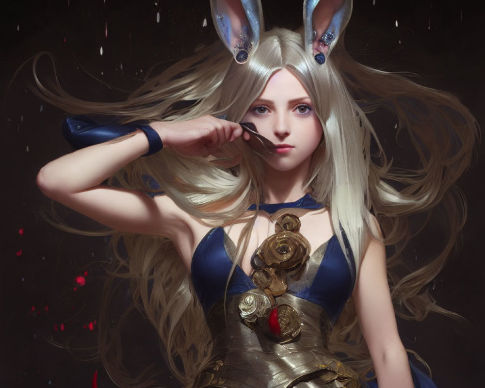 Blonde woman in bunny ears cosplay with steampunk accessory