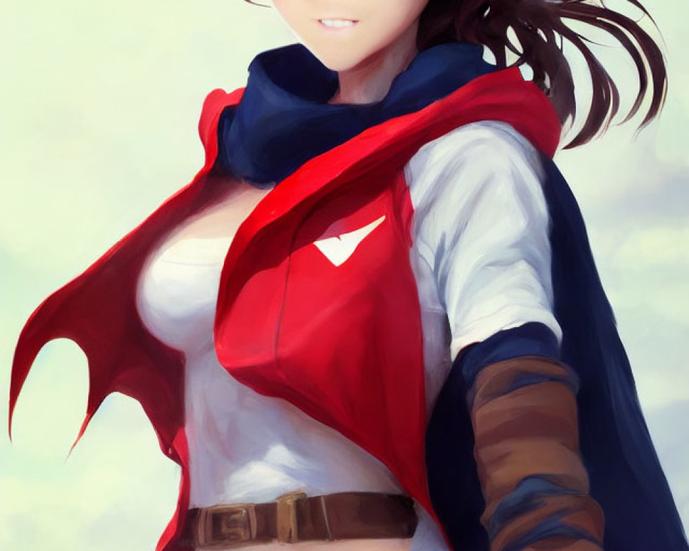 Brown-haired anime character in white top, red scarf, and gloves, exudes confidence.