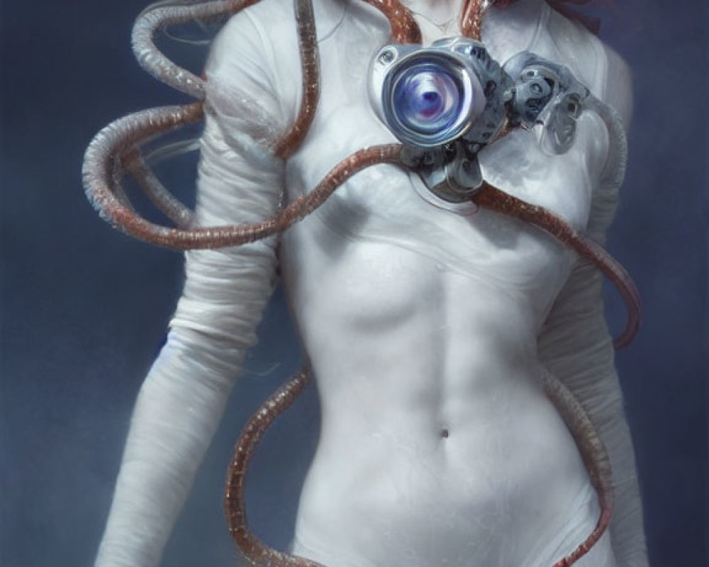 Digital artwork: Woman fused with biotech elements, mechanical eye, tentacle cables.