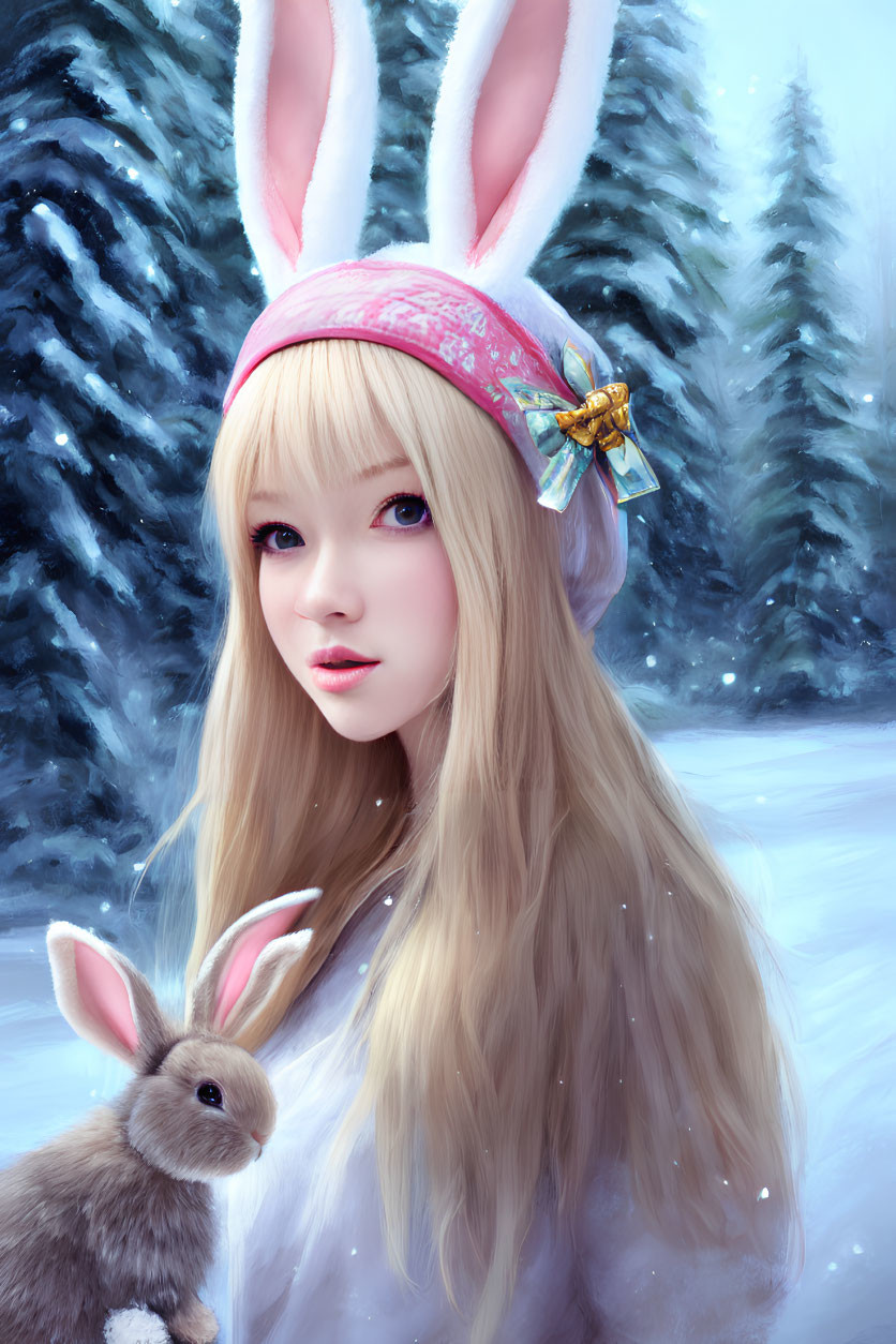 Blonde girl in bunny ears with rabbit in snowy forest