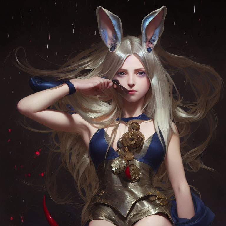 Blonde woman in bunny ears cosplay with steampunk accessory