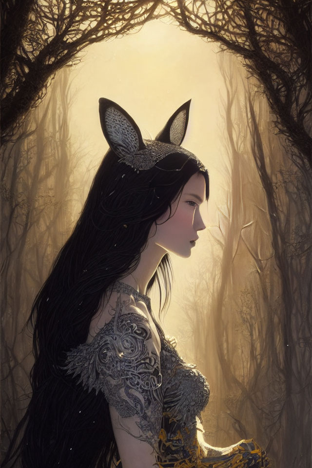 Woman with black hair and cat ears in mystical forest with sunlight filtering through trees