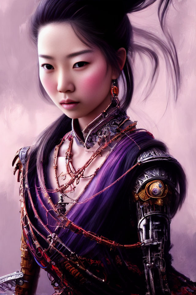 Asian woman with bionic arm in futuristic traditional attire portrait