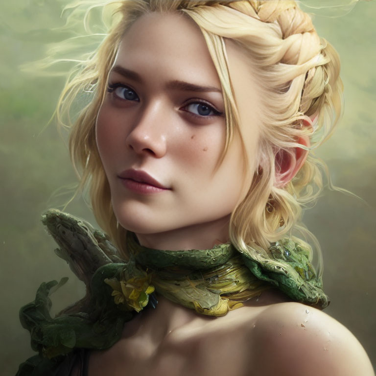 Portrait of young woman with braided blonde hair and vibrant blue eyes wearing green leaf-like collar