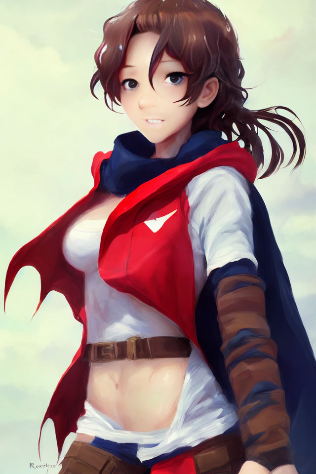 Brown-haired anime character in white top, red scarf, and gloves, exudes confidence.