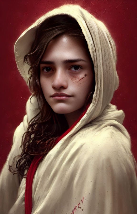 Young woman in cream cloak with red ribbon on rich red background