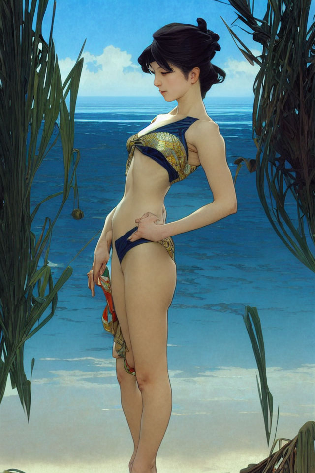 Digital artwork of woman in bikini on beach with plants and sea.