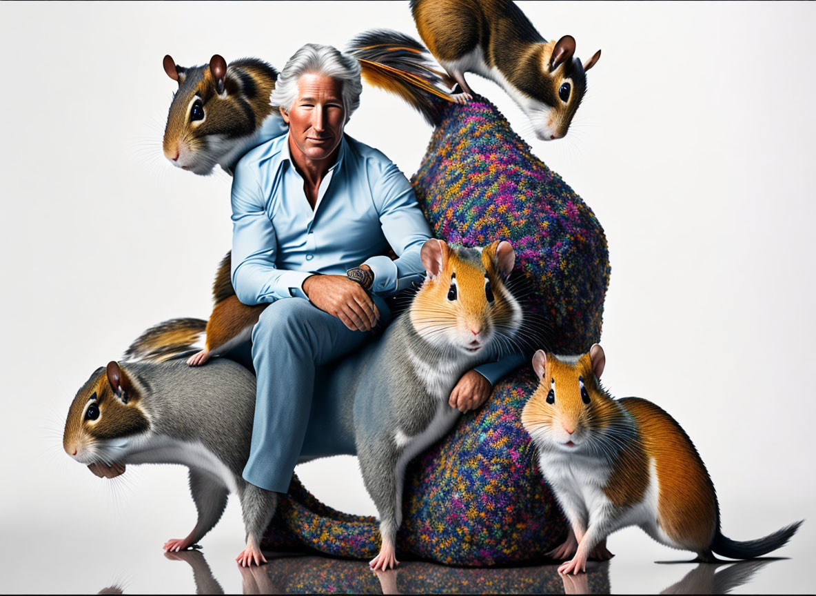 Person surrounded by oversized gerbil-like creatures on white background