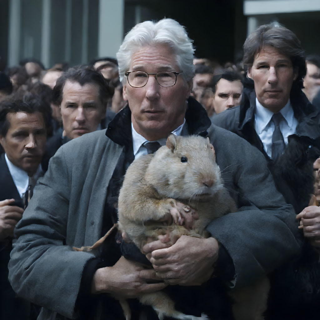 Man with White Hair Holding Rodent in Crowd