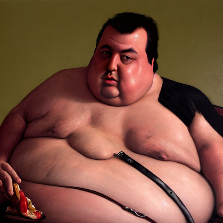 Overweight male figure with pizza in hand, black tank top, and green backdrop.