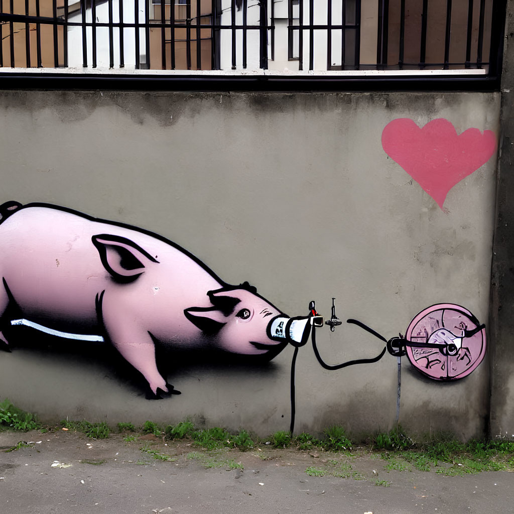 Pink pig graffiti with black marker on wall with heart symbol