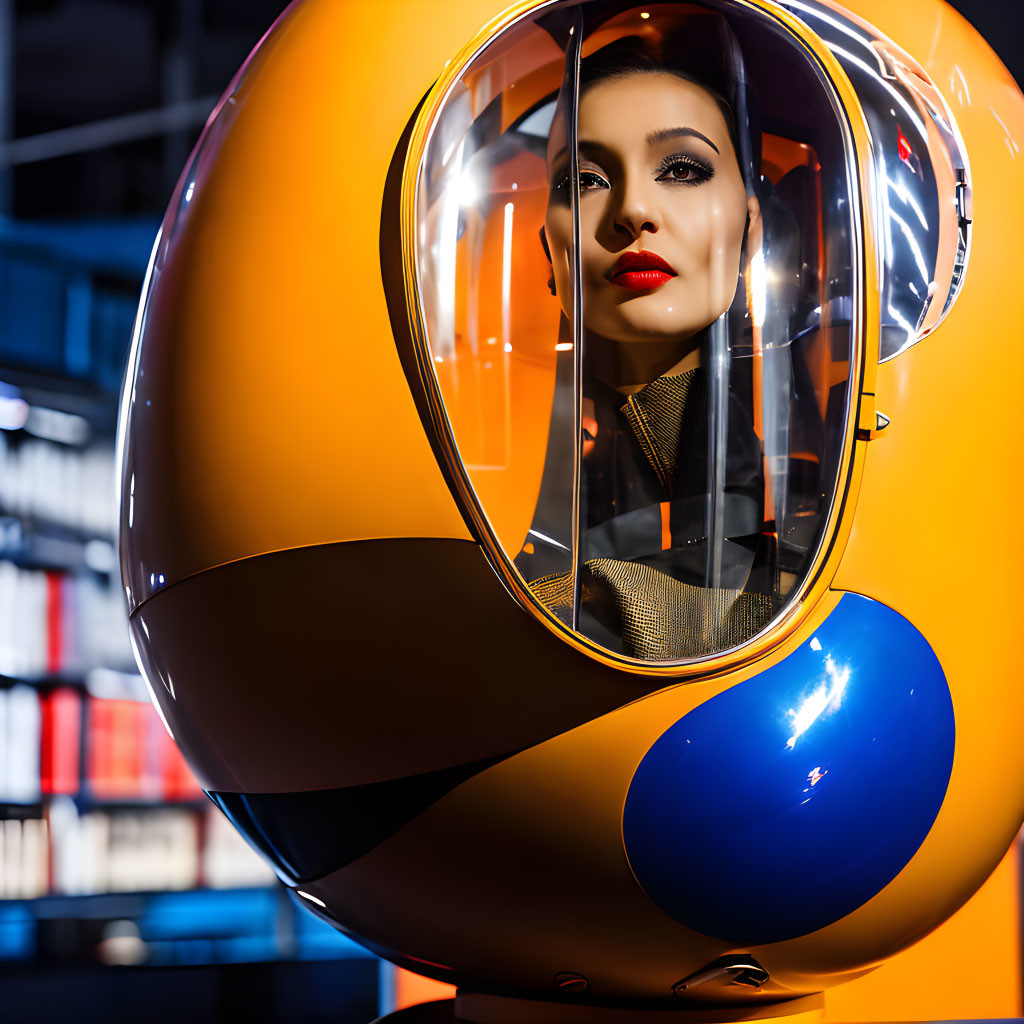 Woman looking through circular window of futuristic orange and blue helmet structure