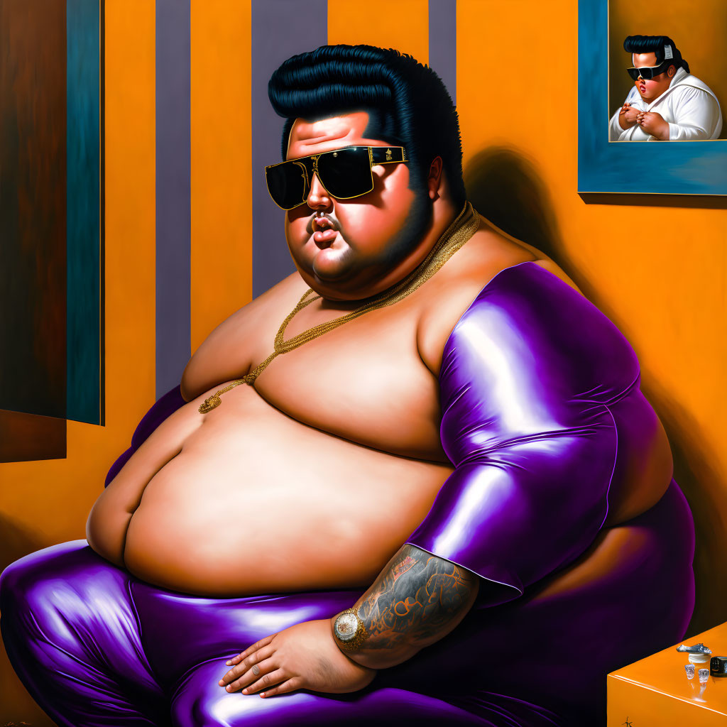 Stylized painting of large man in purple attire against striped background