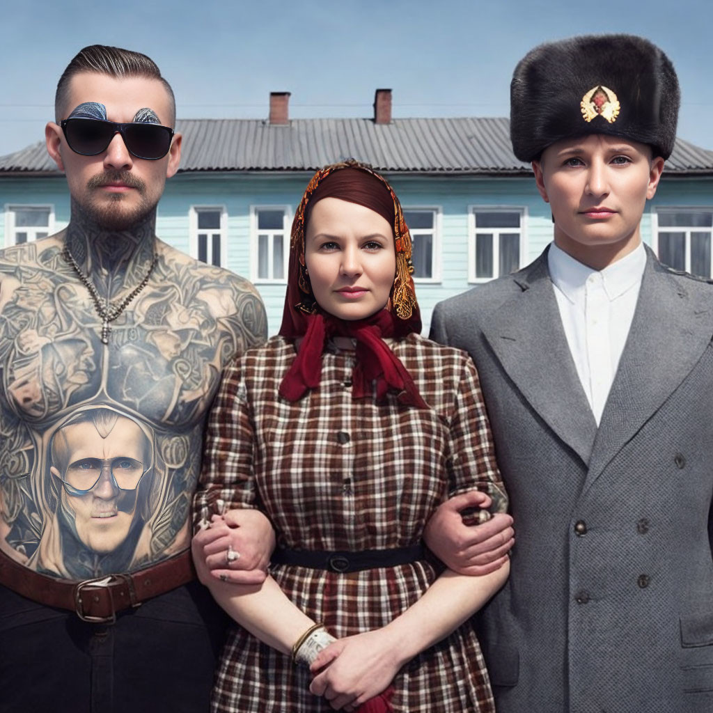 Diverse group with tattoos, plaid dress, and fur hat against city backdrop