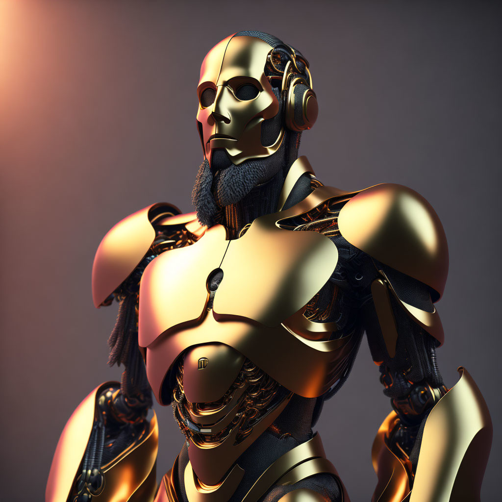 Detailed humanoid robot with golden exterior and mechanical design