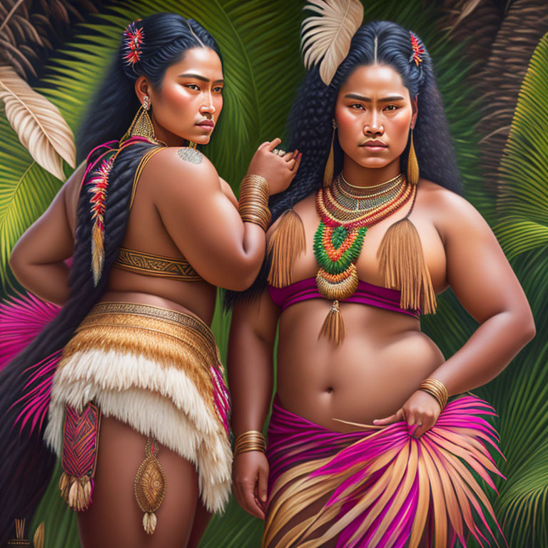 Polynesian/Melanesian women in traditional attire with lush green backdrop