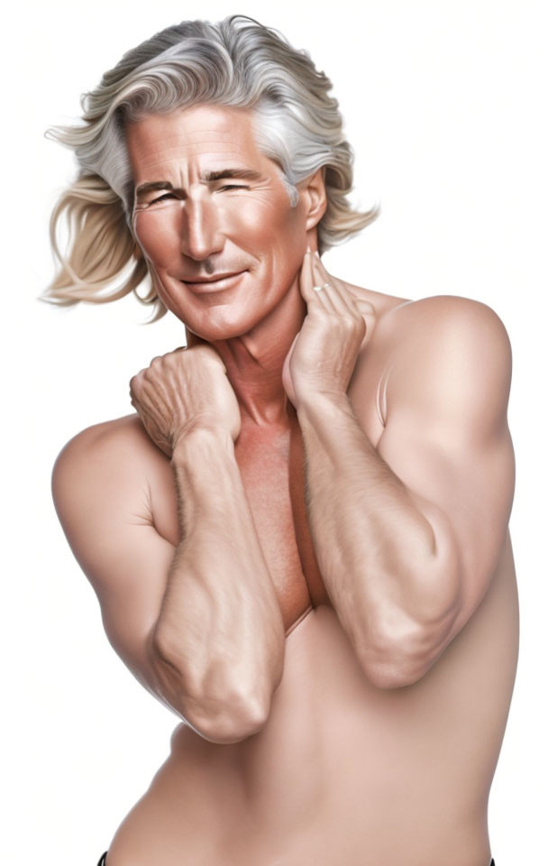 Fit older male model with silvery hair smiling shirtless in digital illustration