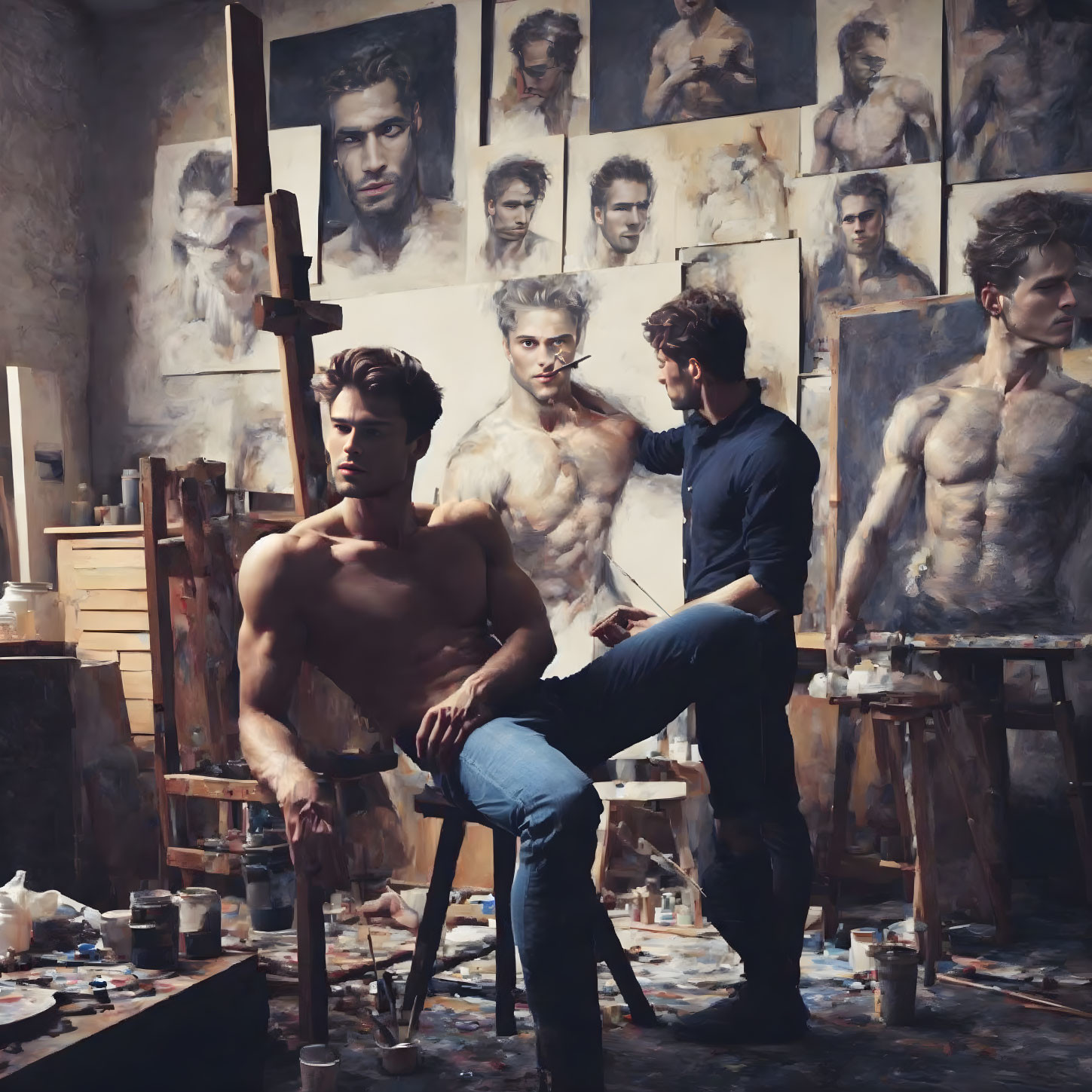 Shirtless Male Model Painted in Art Studio