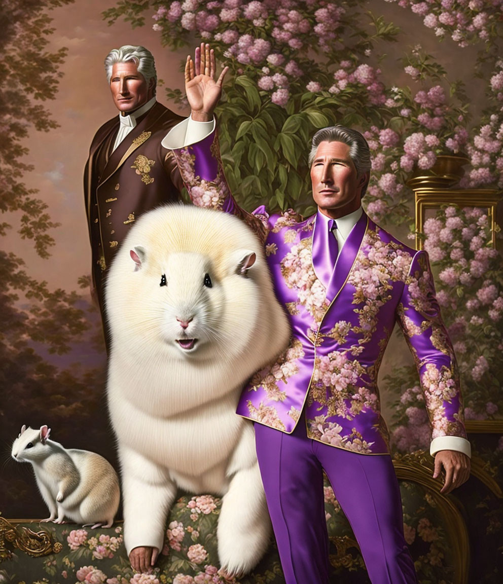 Surreal artwork: Two men in regal attire with oversized rodent heads in floral setting