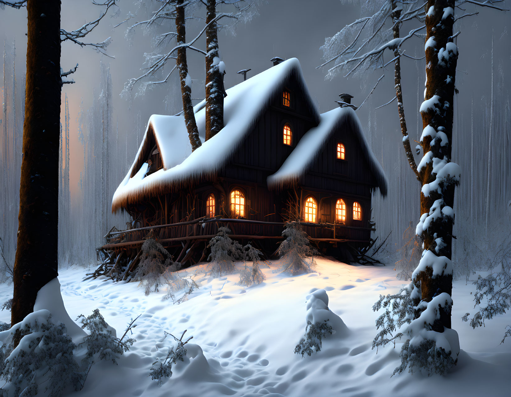 Snowy forest cabin surrounded by illuminated trees at twilight