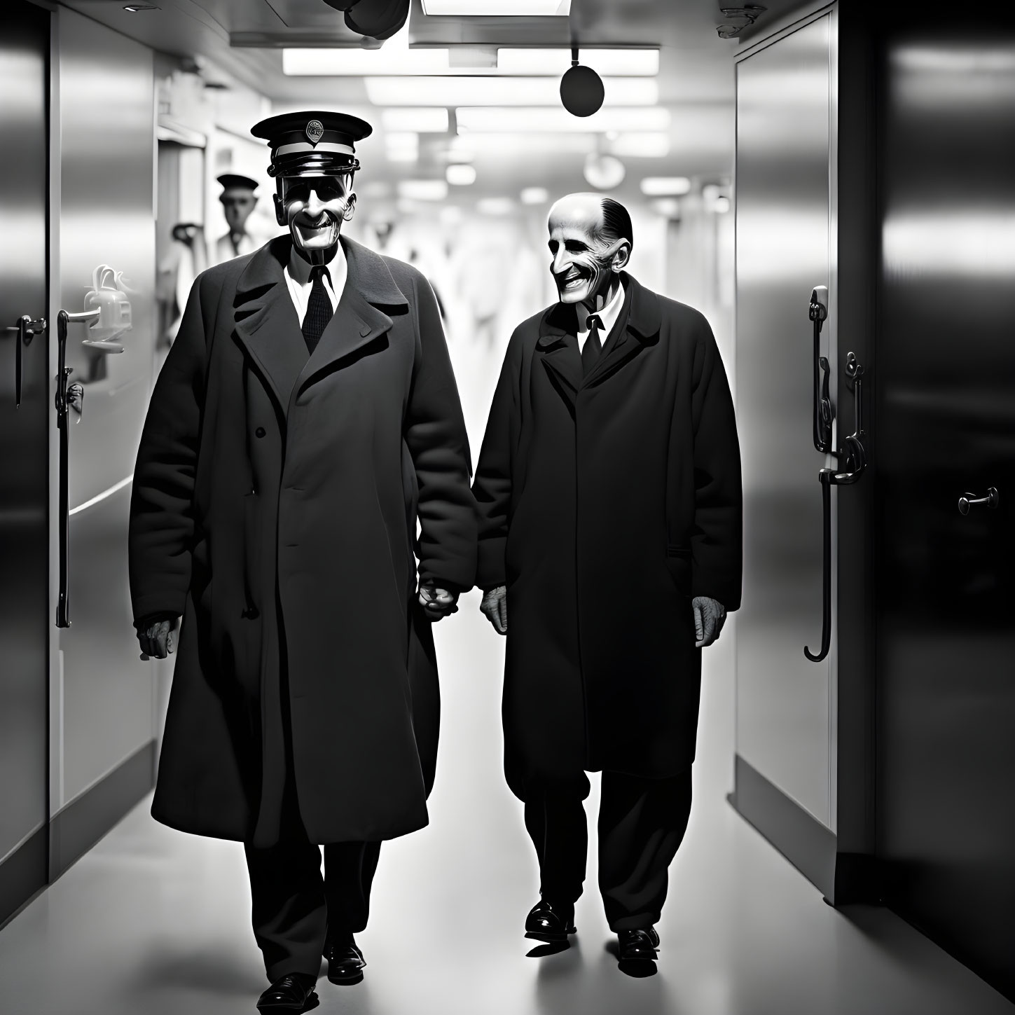 Two men in dark overcoats and hats walking hand in hand in corridor with reflections