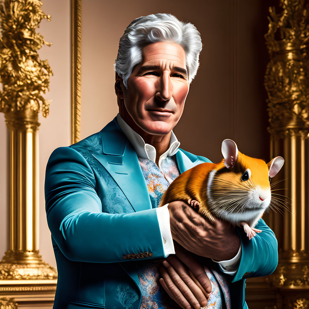 Silver-haired man in turquoise blazer with guinea pig in golden room