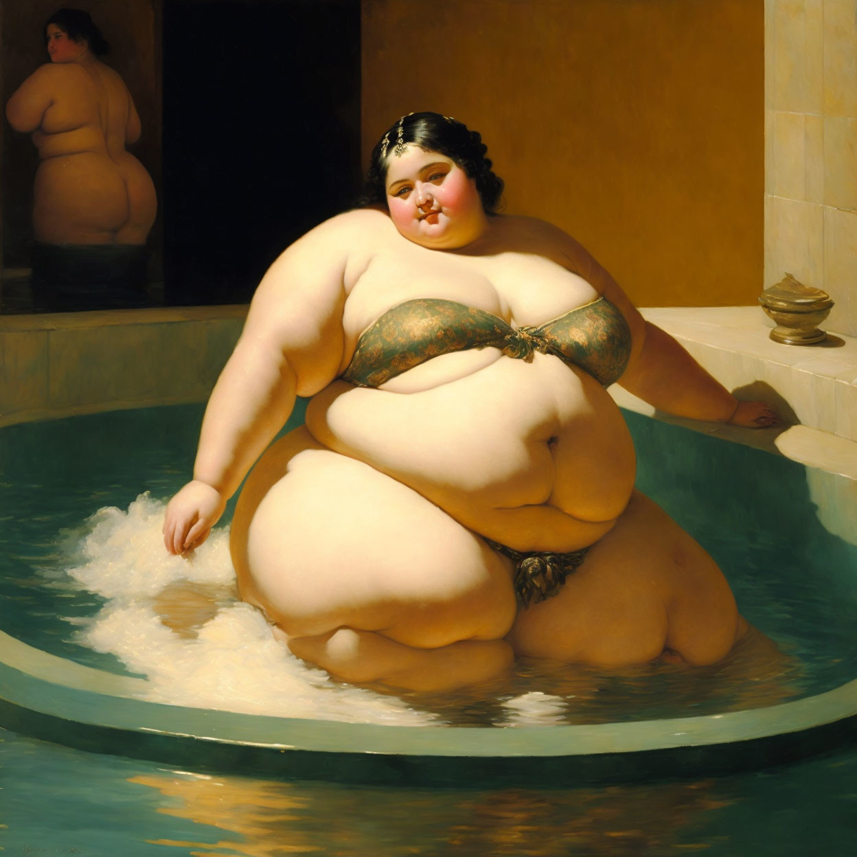 Voluptuous woman bathing in pool with classical beauty twist