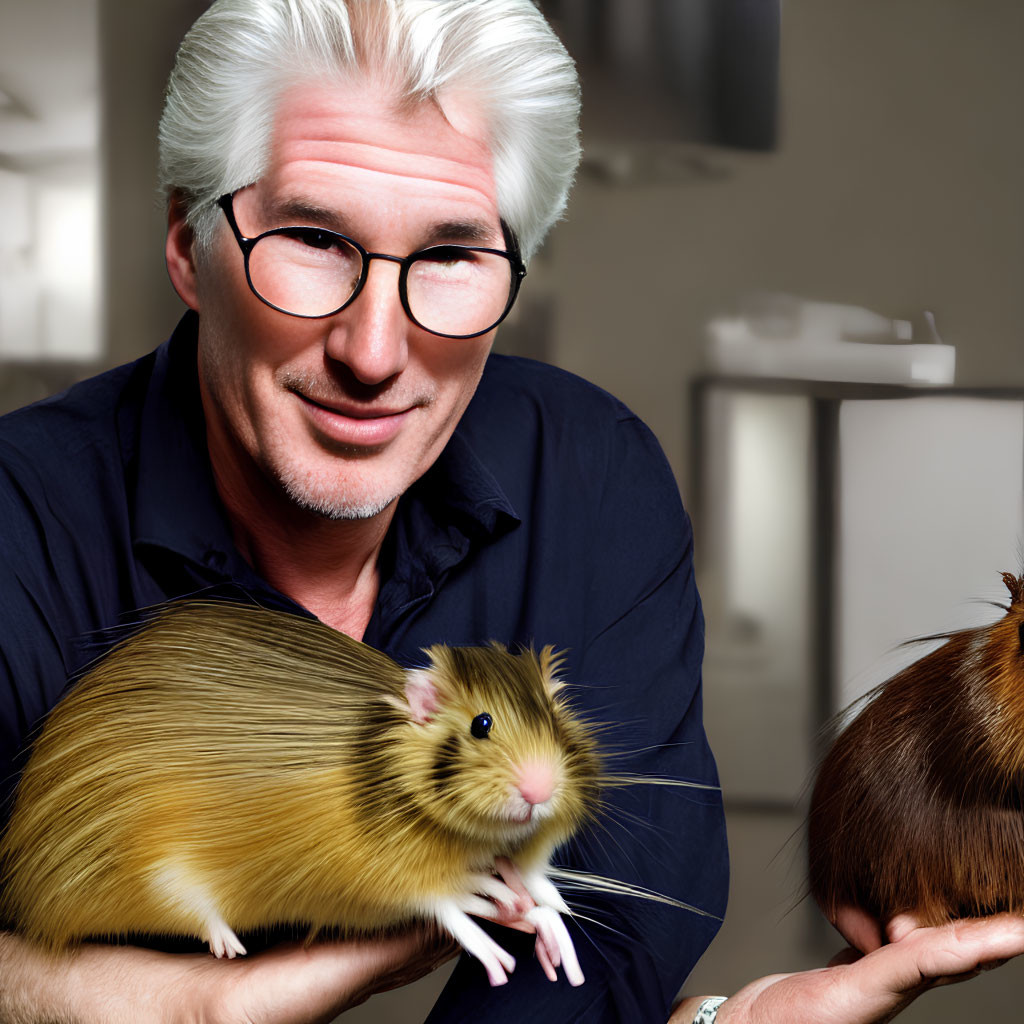 Silver-Haired Man Smiling with Rodents in Domestic Scene