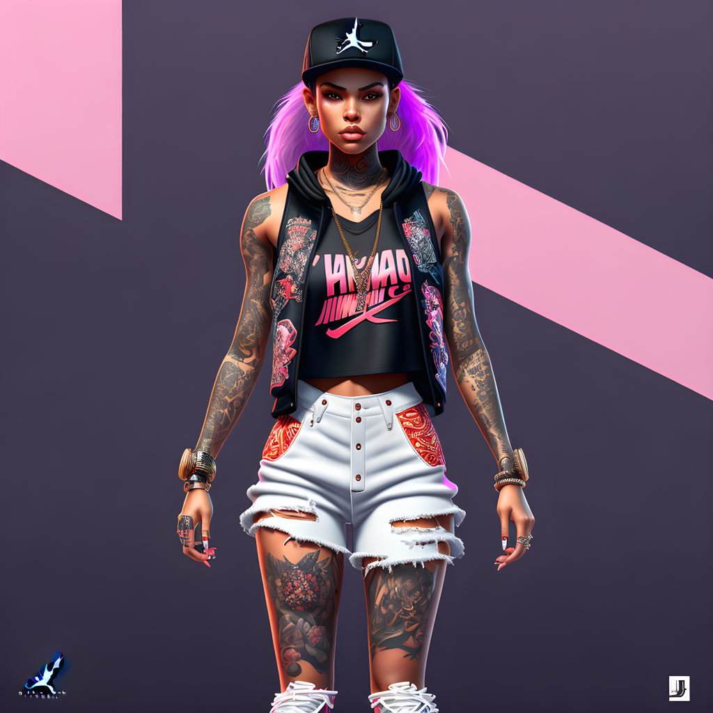 Stylish woman with purple hair and tattoos in trendy streetwear against geometric shapes on purple background