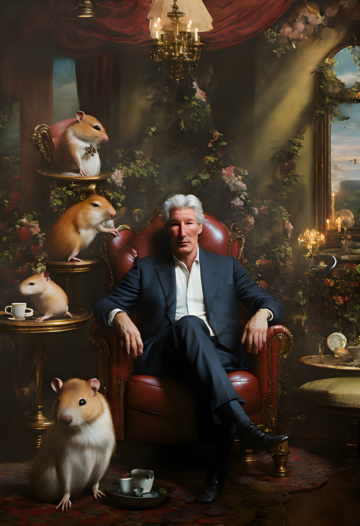 Luxurious Victorian setting with oversized hamsters and elegant man