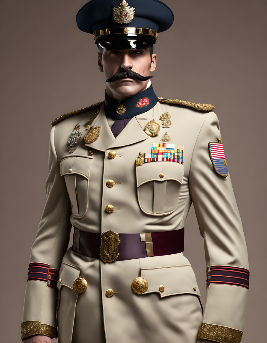 Detailed 3D illustration of a person in decorated military uniform