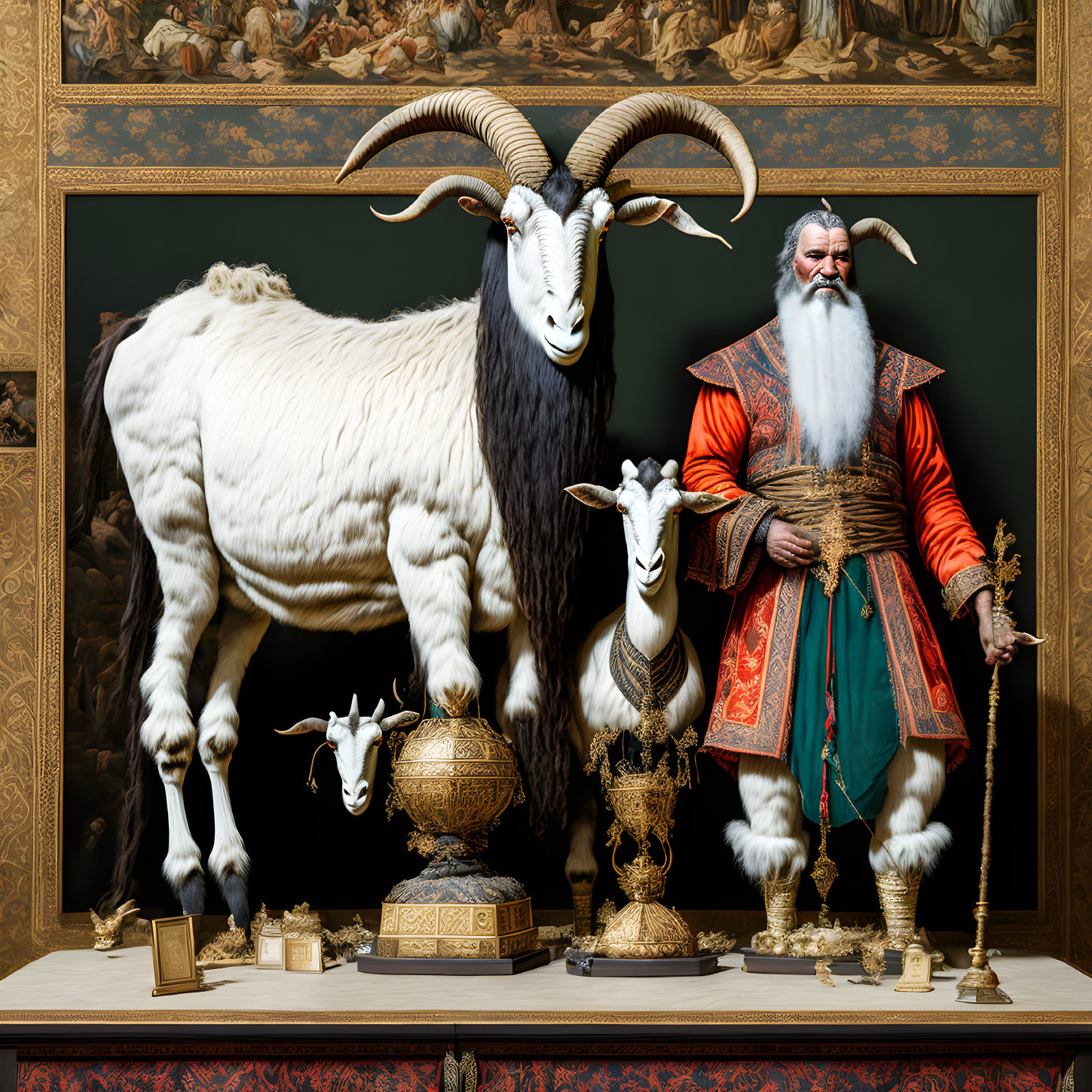 Regal bearded man with ornate goat in luxurious room