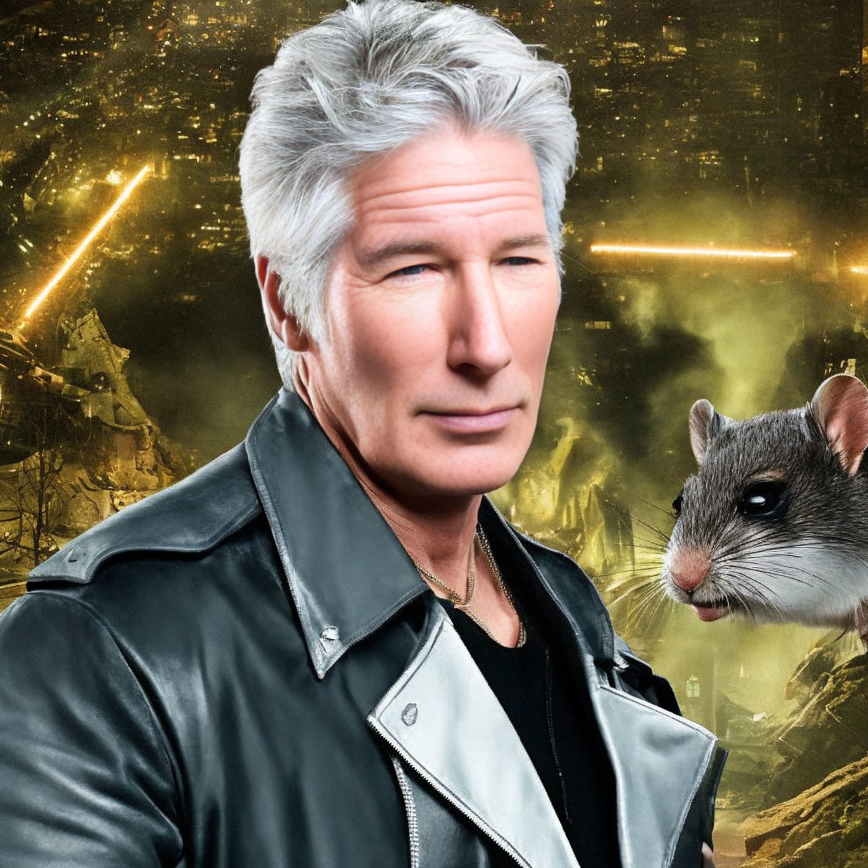 Man with Silver Hair in Black Leather Jacket Photomontage with Rat on Explosive Laser Background