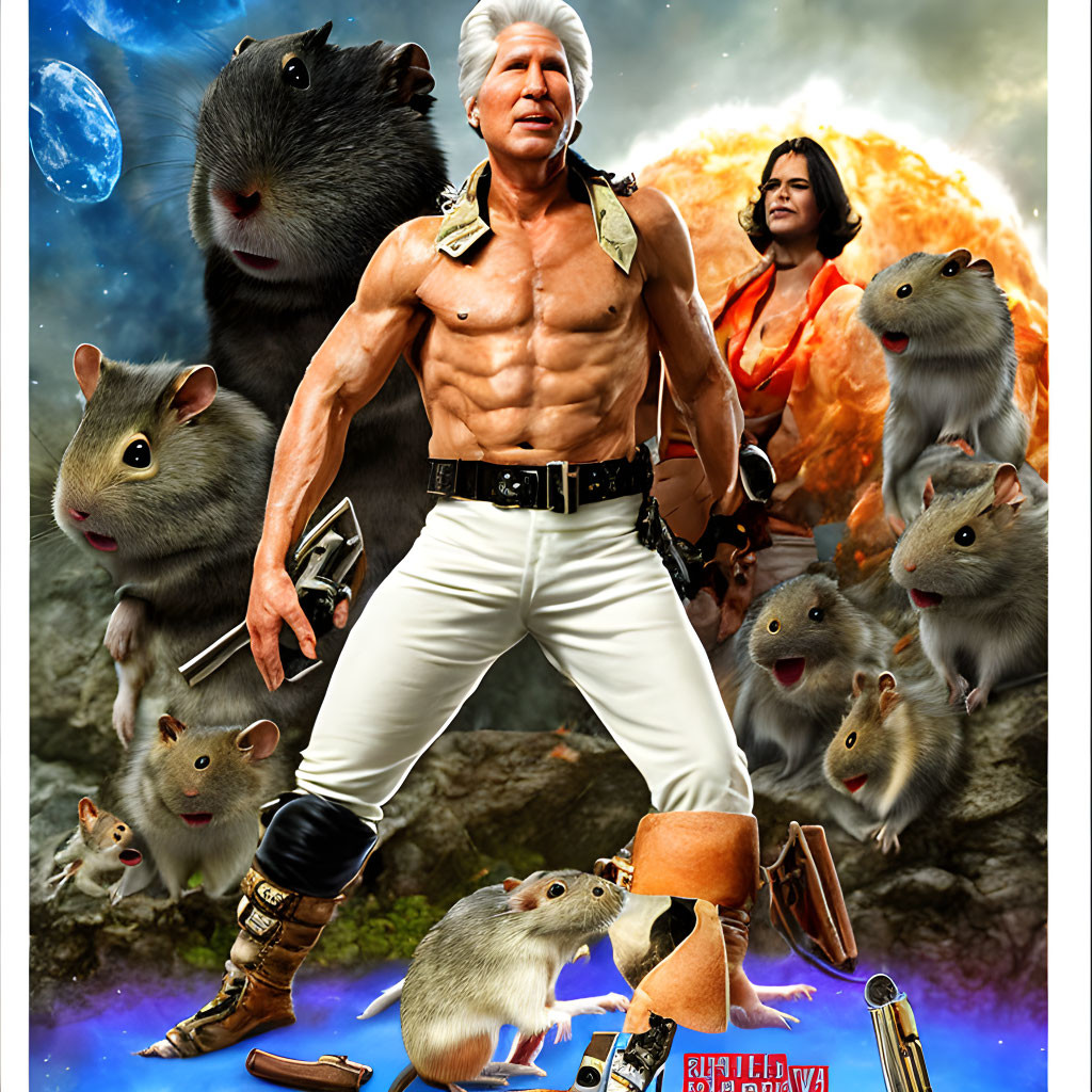 Fantasy-themed illustration with muscular man, woman in orange, and explosive celestial background