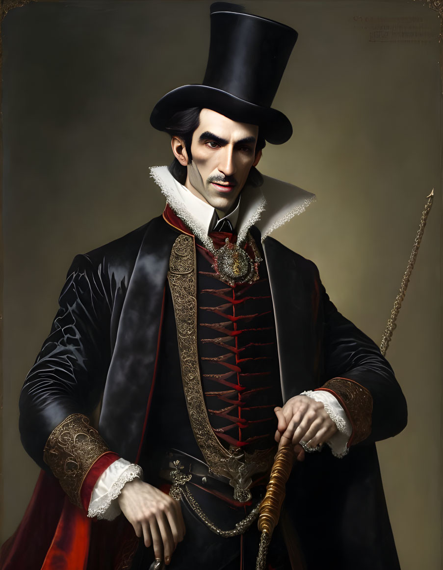 Portrait of a noble vampire in top hat, red-lined cape, black jacket with gold accents, white