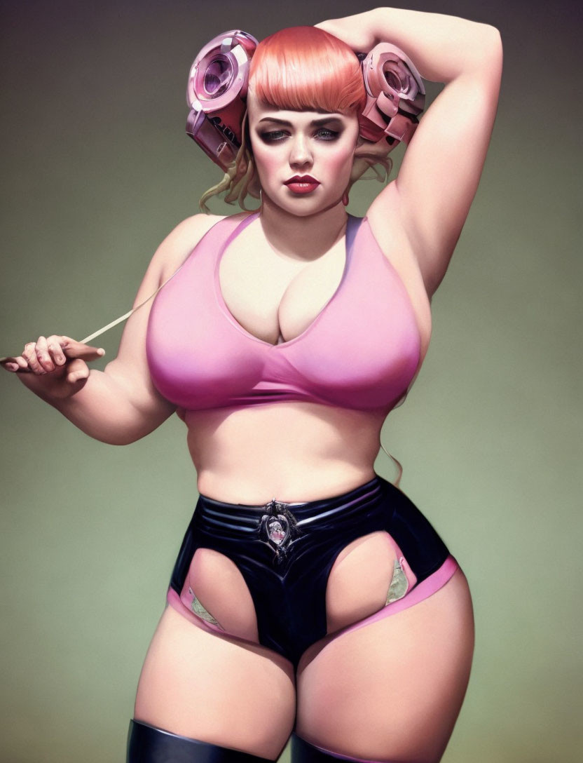 Stylized image of woman with pink hair in rollers and lollipop