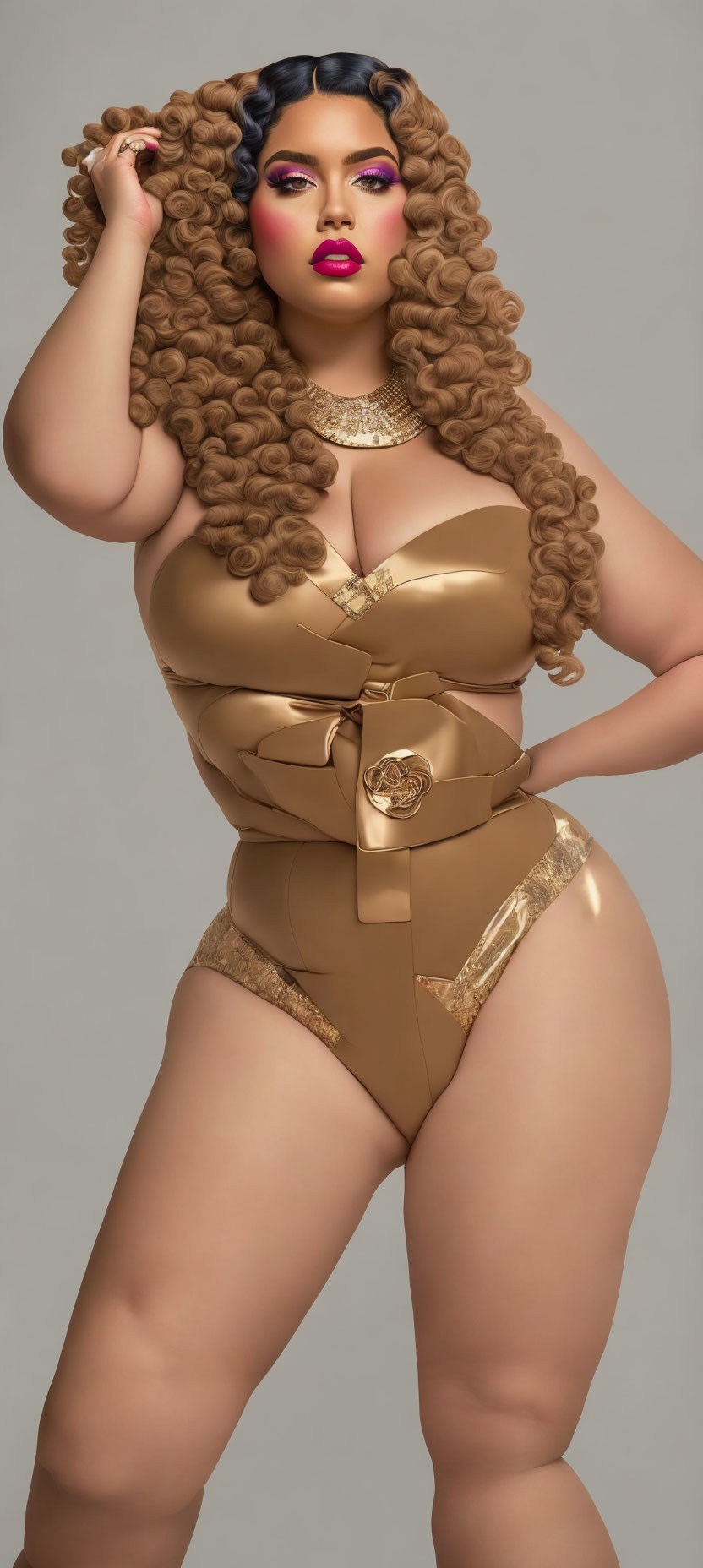 Confident woman in gold bodysuit with curly hair and bold makeup