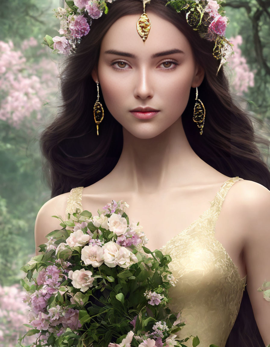 Woman wearing floral crown and gold jewelry with bouquet in pink blossom setting.