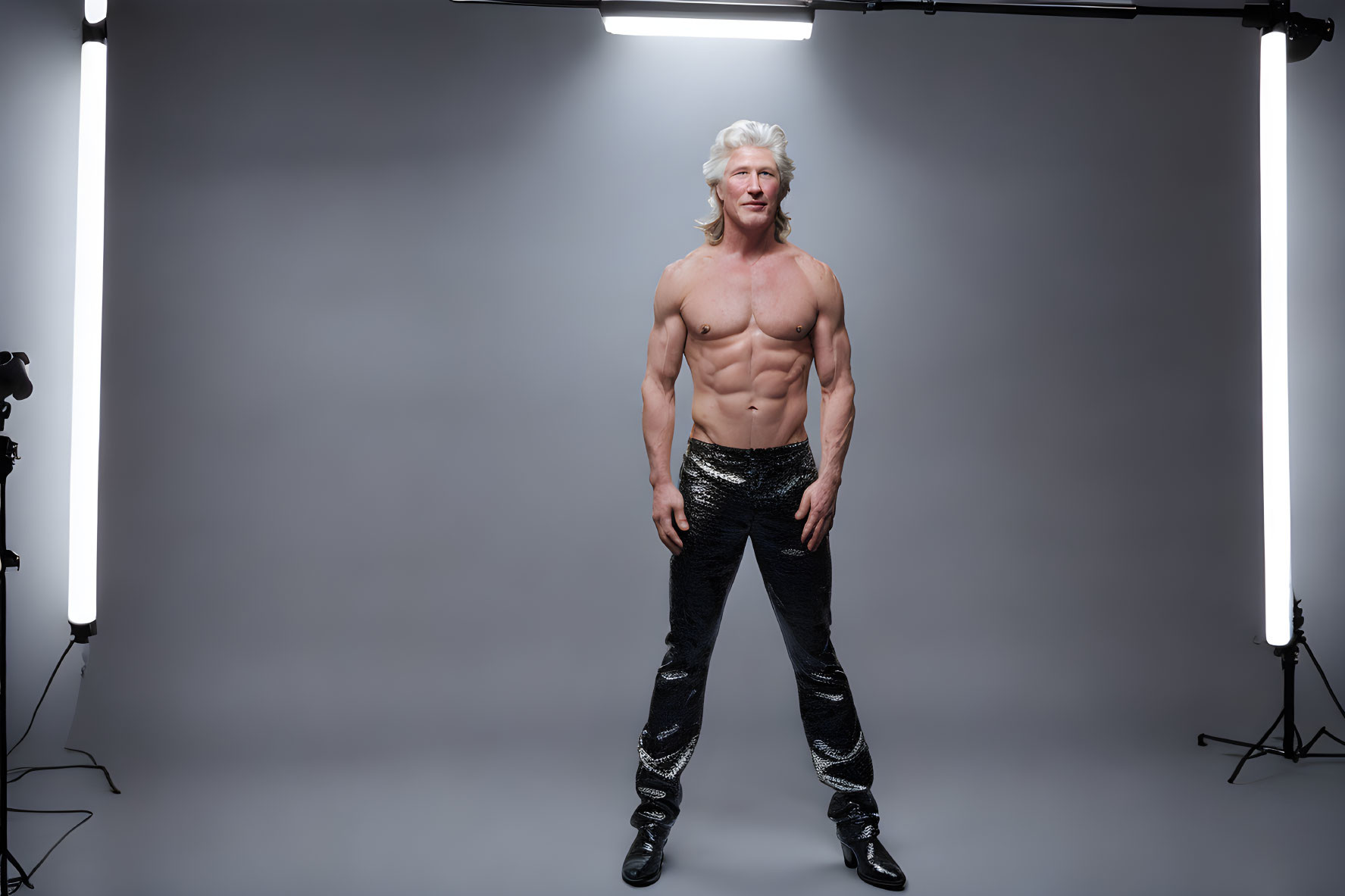 Shirtless older man in black sequined pants in studio setting