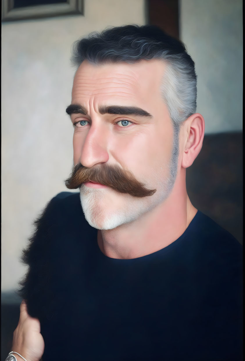 Portrait of man with handlebar mustache and salt-and-pepper hair in black shirt.