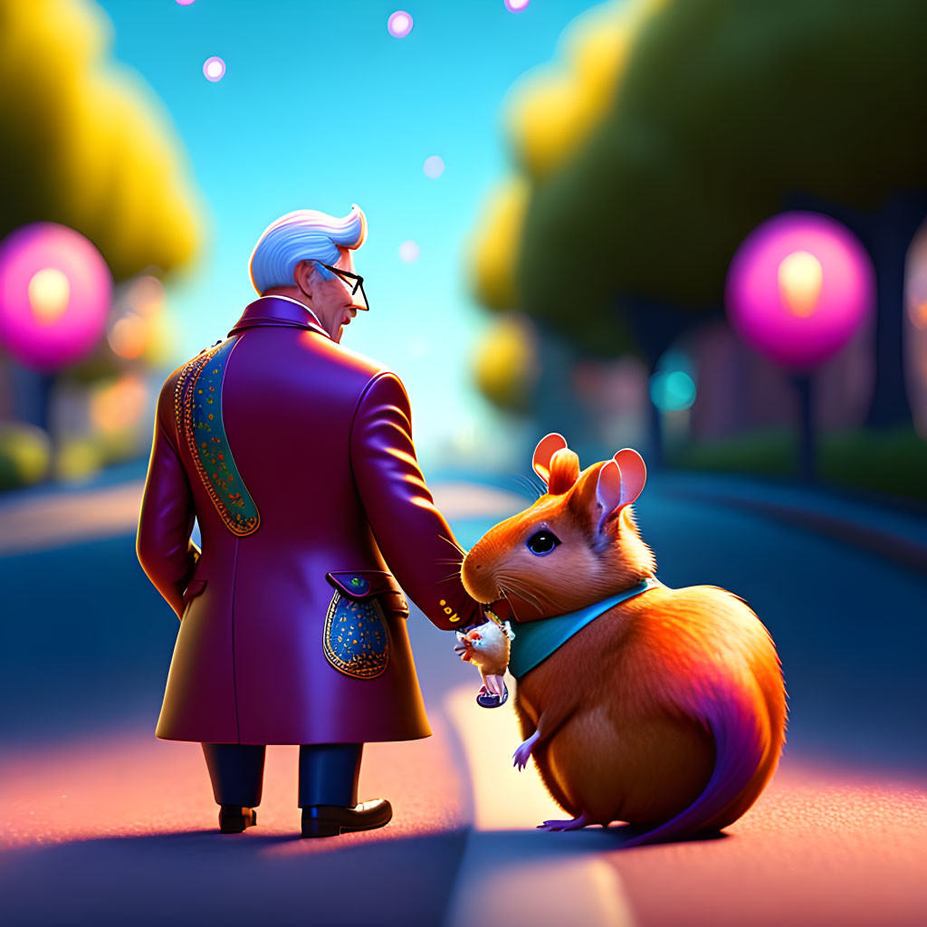 Elegantly Dressed Man with Giant Orange Hamster on Colorful Street