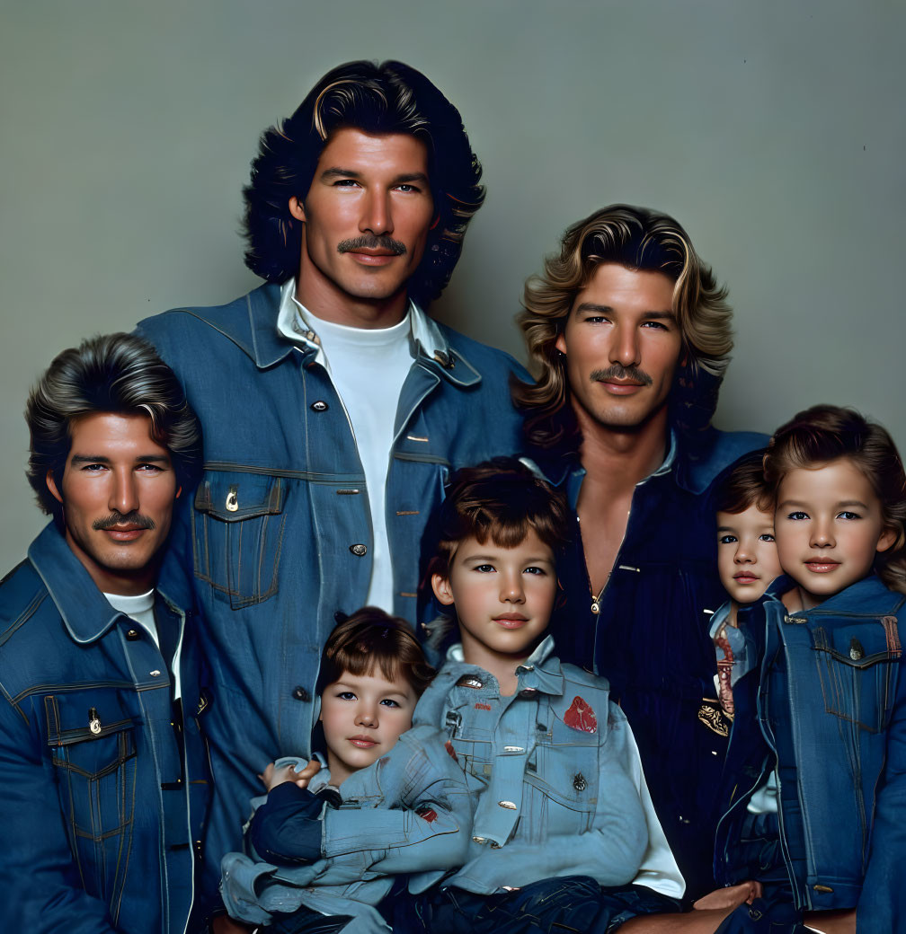 Five male figures and child in denim outfits on neutral background